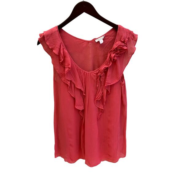 Garnet Hill Women’s Ruffle Blouse Coral Red Sleeveless w/ Attached Cami Size 10 - Picture 1 of 5